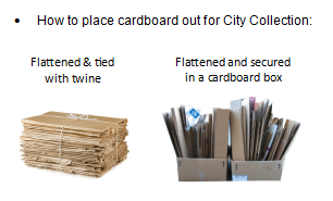 How to place cardboard out for City Collection: Flattened and tied with twine, or flattened and secured in a cardboard box.