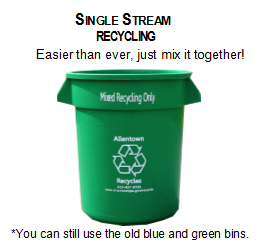 Single Stream Recycling. Easier than ever, just mix it together! You can still use the old blue and green bins.