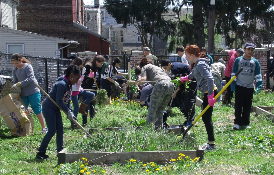 Image shown of neighbors cleaning high grass and weeds.