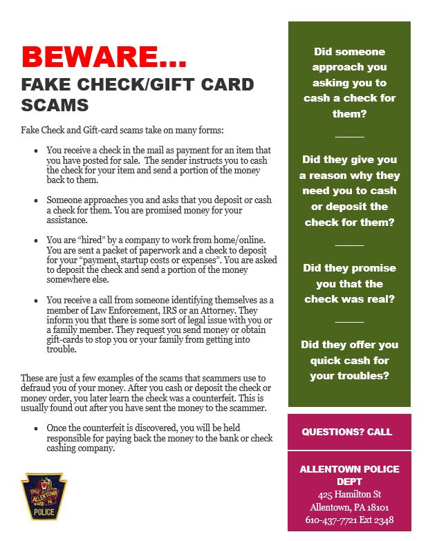 Click to view the Fake Check and Gift Card Scams pdf.