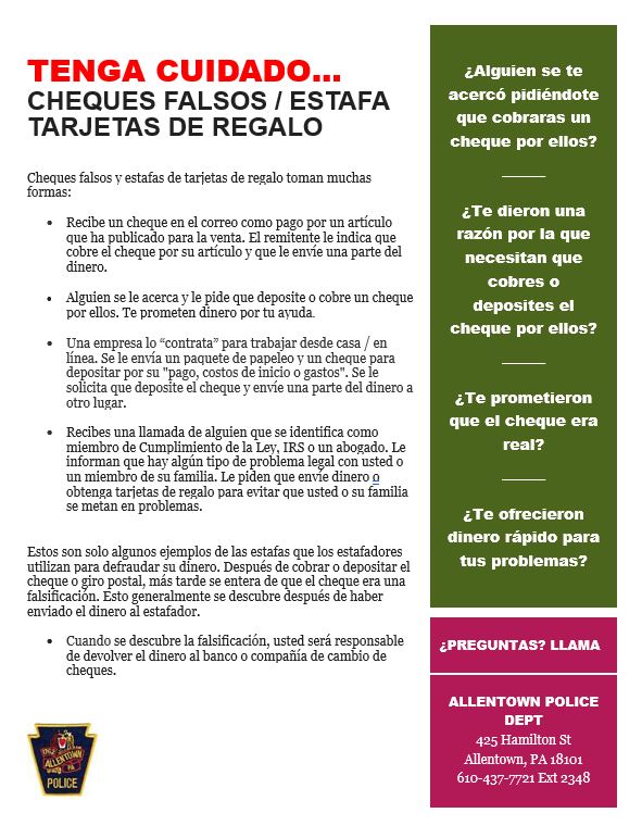 Click to view the Fake Check and Gift Card Scams pdf in Spanish.